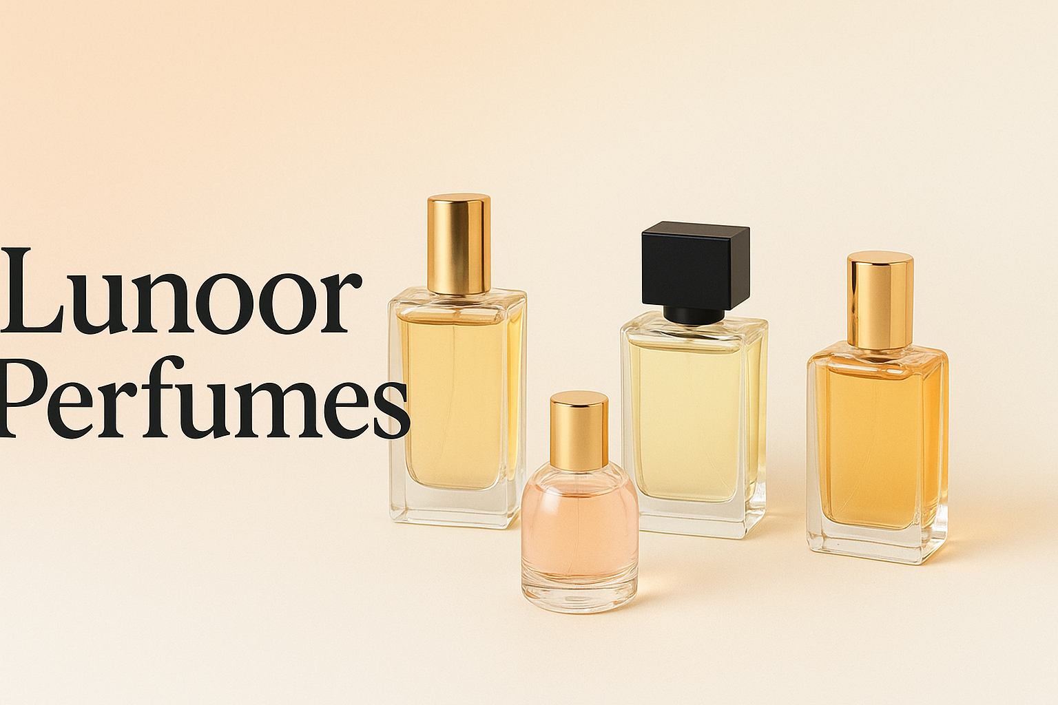 Collection of perfume bottles from Lunoor Perfumes on a beige background