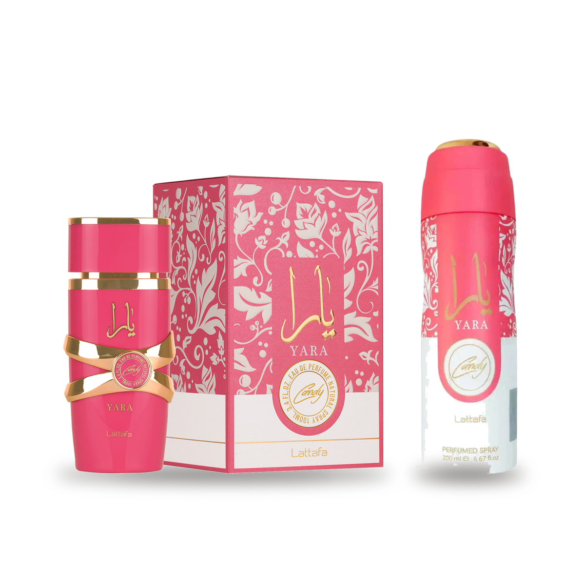 Lattafa Yara Candy Eau de Parfum 100 ml with matching Yara Candy deodorant body spray 200 ml