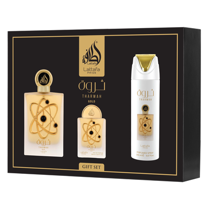 Lattafa Tharwah Gold gift set contents