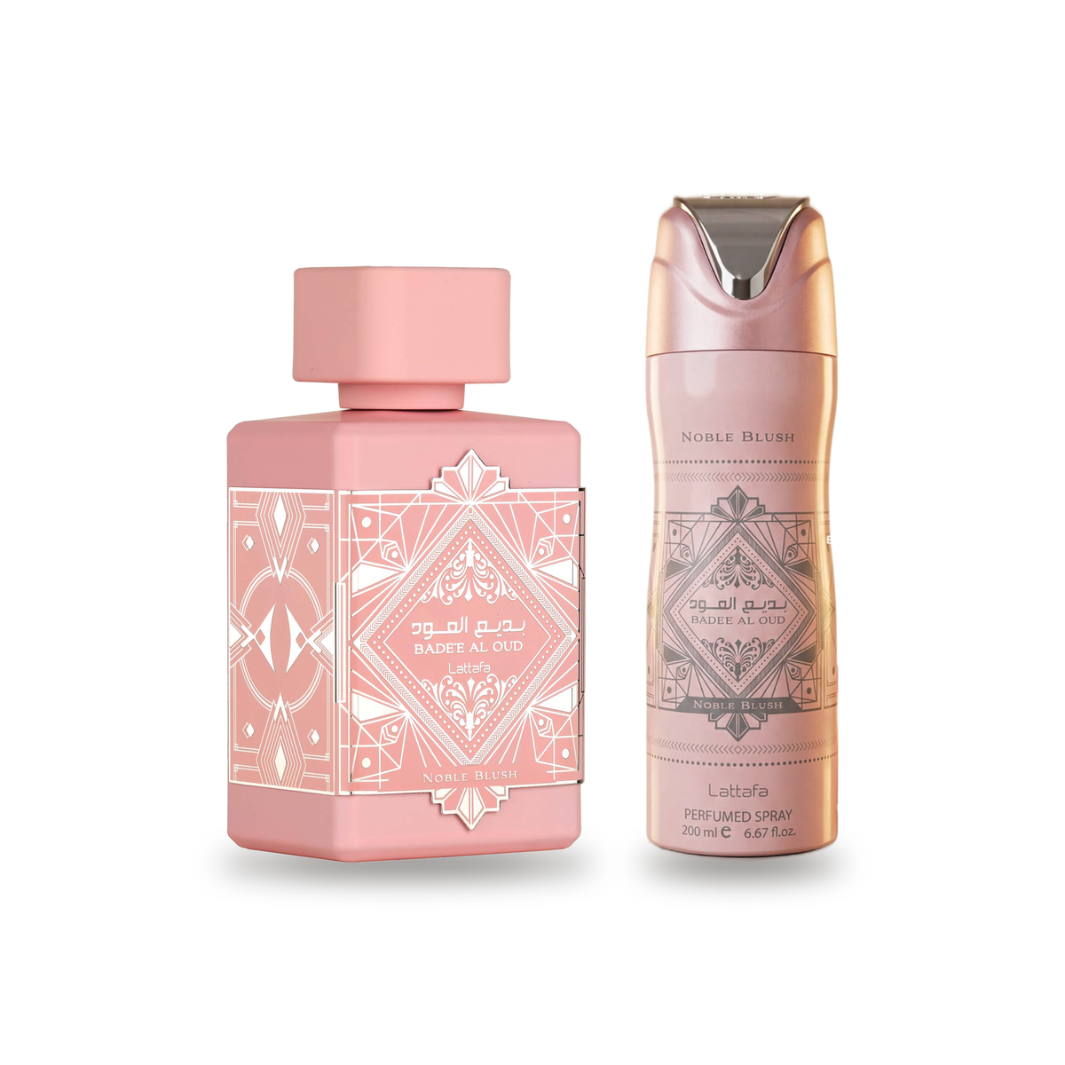 Lattafa Badee Al Oud Noble Blush Eau de Parfum 100 ml with matching deodorant body spray 200 ml