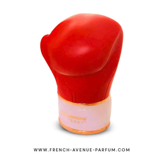 Red boxing glove-shaped perfume bottle on a white background with 'French Avenue Parfum' branding.