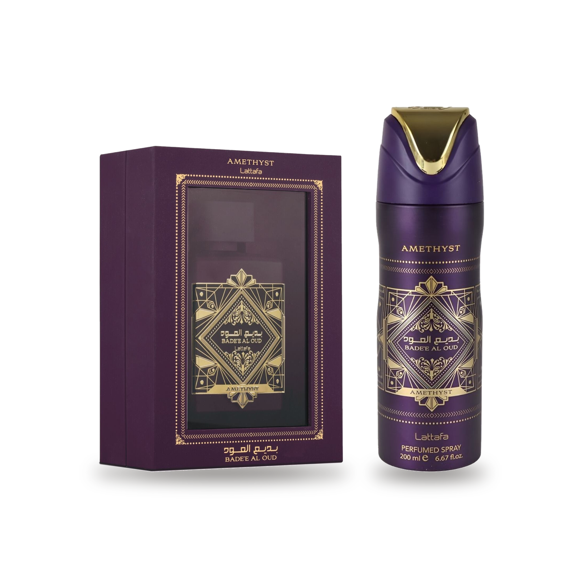 Lattafa Badee Al Oud Amethyst Eau de Parfum 100 ml with matching deodorant body spray 200 ml